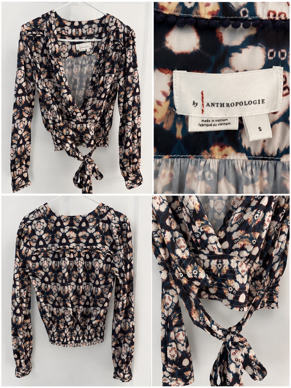 Anthropologie Navy Cream & Tan Floral Tie-Front Wrap Blouse